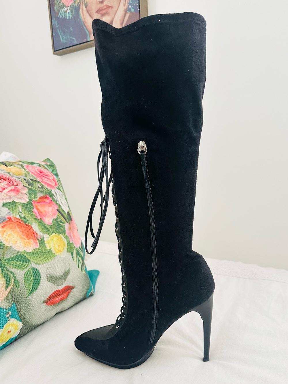 Bebe Black Lace-Up Knee-High Women's Boots - Picture 3 of 8